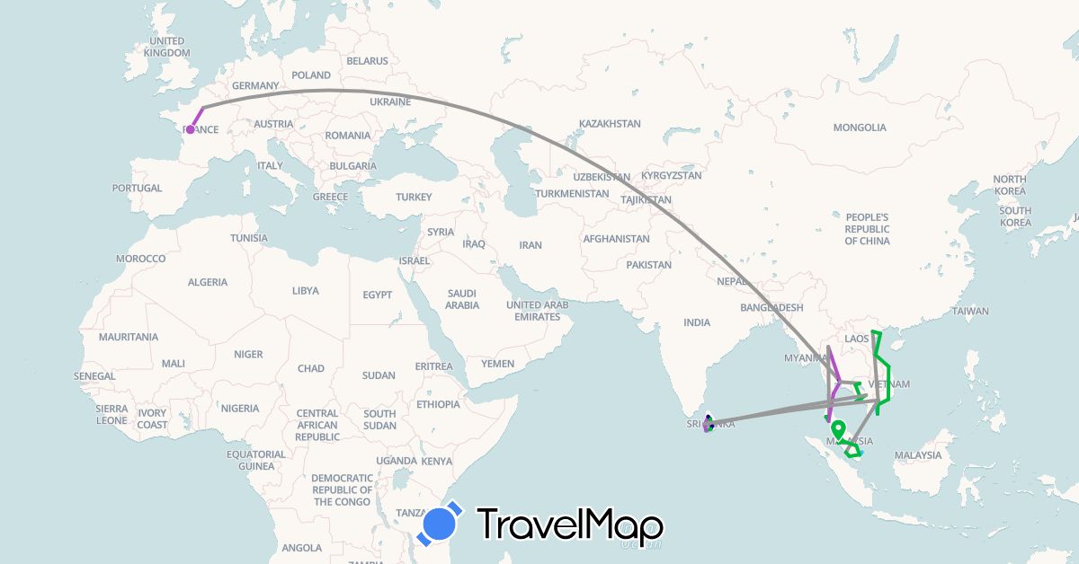 TravelMap itinerary: driving, bus, plane, train, boat in France, Cambodia, Sri Lanka, Malaysia, Thailand, Vietnam (Asia, Europe)